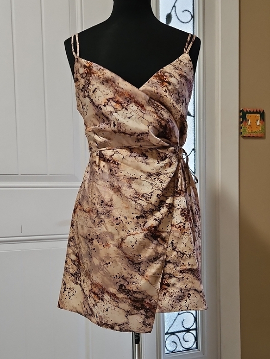 Zara Dresses & Skirts - Zara Beige Marble Print Sateen Wrap Mini Dress XS W/ Double Spaghetti Straps